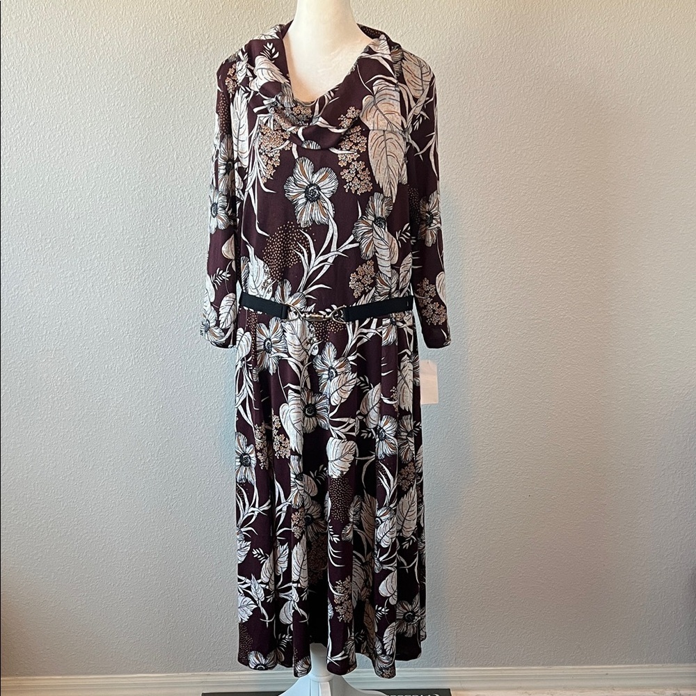 Robbie Bee Cowl Neck Belted Maxi Dress Floral Wine Size XL NWT